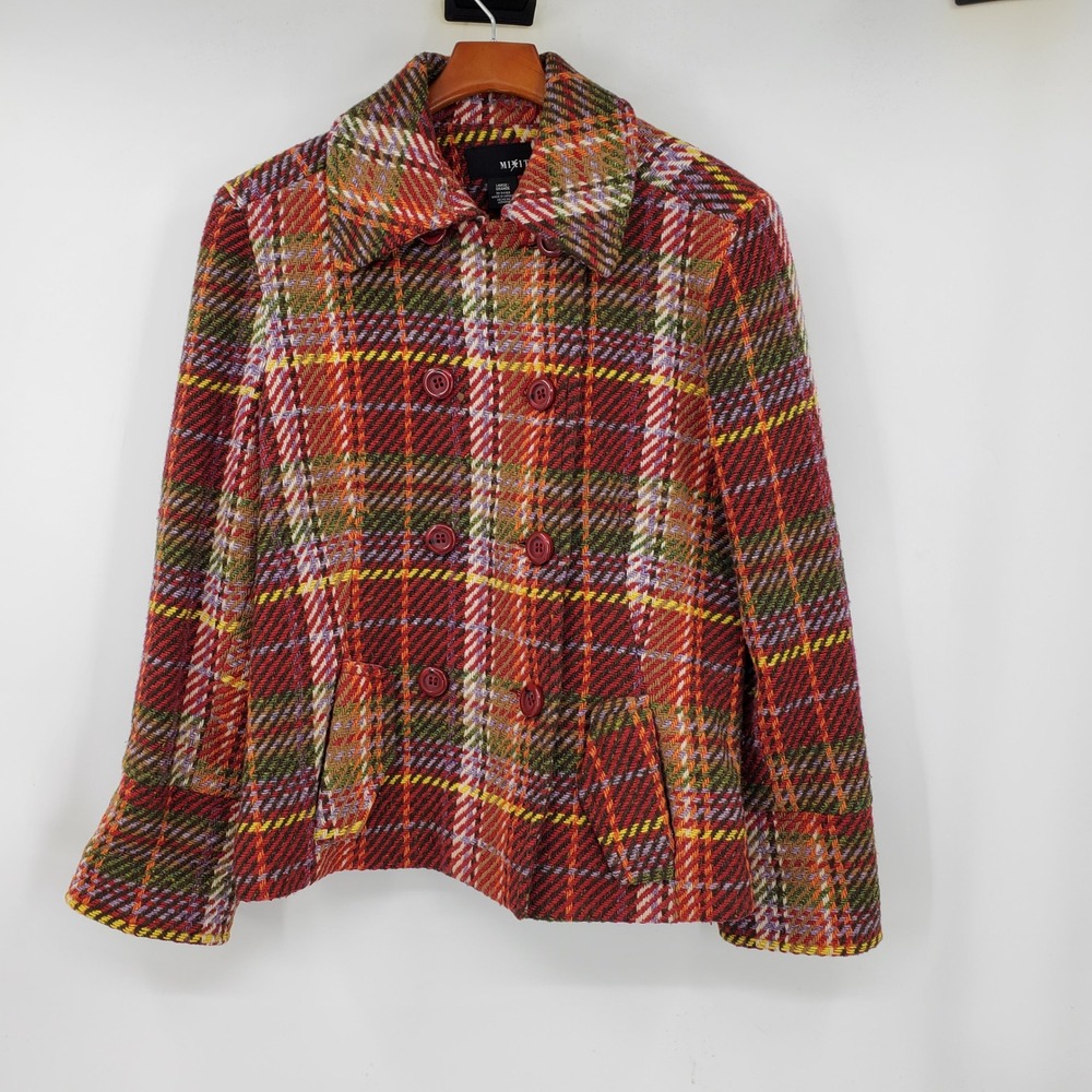 Mixit Womens Plaid Wool Blend Tweed Cropped Jacket L Double Breasted Blazer Red